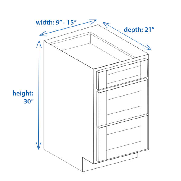 Shaker Vanity Base Cabinet (Three Drawer) 9″- 15″ Width x 30″ Height x ...